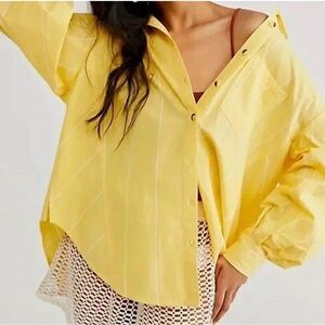 We The Free Happy Hour Stripe Yellow + White Button-Up Shirt Oversized Fit XS